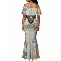 Apis Ancient Egyptian Mermaid Dress with Beige-Gray Hieroglyphic, Ornate Bull Head, and Gold-Blue Typography - Wonder Print Shop