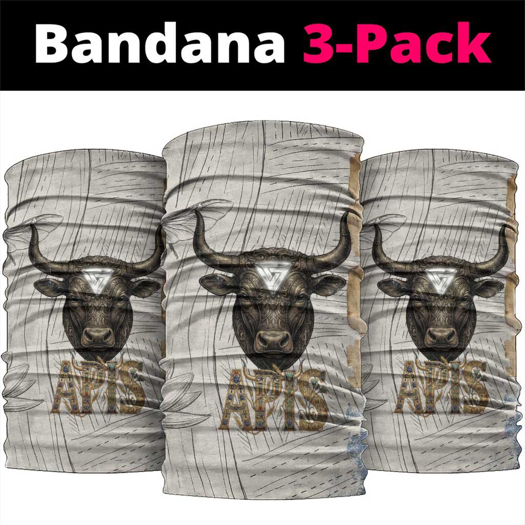 Apis Ancient Egyptian Neck Gaiter with Beige-Gray Hieroglyphic, Ornate Bull Head, and Gold-Blue Typography - Wonder Print Shop