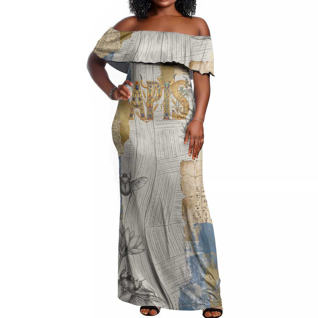 Apis Ancient Egyptian Off Shoulder Maxi Dress with Beige-Gray Hieroglyphic, Ornate Bull Head, and Gold-Blue Typography - Wonder Print Shop