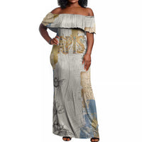 Apis Ancient Egyptian Off Shoulder Maxi Dress with Beige-Gray Hieroglyphic, Ornate Bull Head, and Gold-Blue Typography - Wonder Print Shop