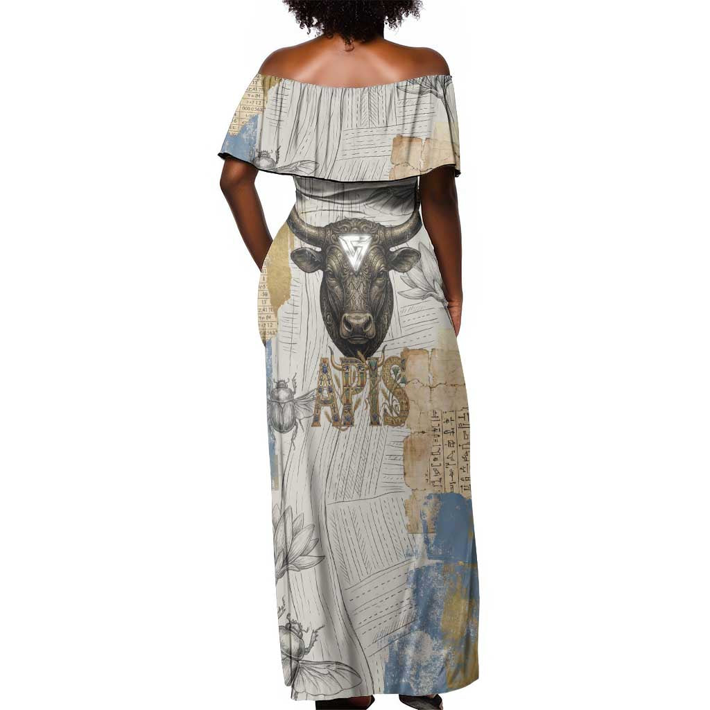 Apis Ancient Egyptian Off Shoulder Maxi Dress with Beige-Gray Hieroglyphic, Ornate Bull Head, and Gold-Blue Typography - Wonder Print Shop