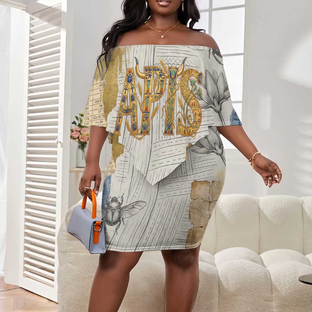 Apis Ancient Egyptian Off Shoulder Short Dress with Beige-Gray Hieroglyphic, Ornate Bull Head, and Gold-Blue Typography - Wonder Print Shop
