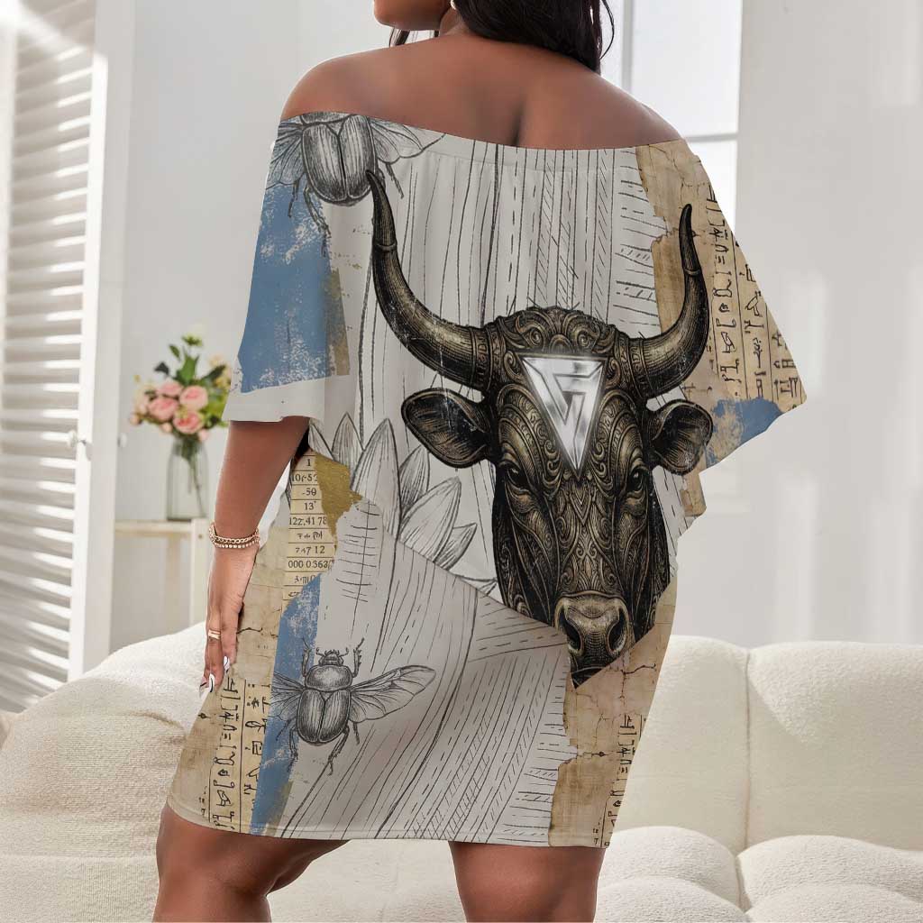 Apis Ancient Egyptian Off Shoulder Short Dress with Beige-Gray Hieroglyphic, Ornate Bull Head, and Gold-Blue Typography - Wonder Print Shop