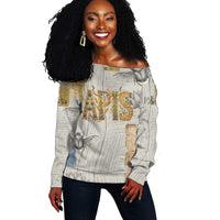 Apis Ancient Egyptian Off Shoulder Sweater with Beige-Gray Hieroglyphic, Ornate Bull Head, and Gold-Blue Typography - Wonder Print Shop