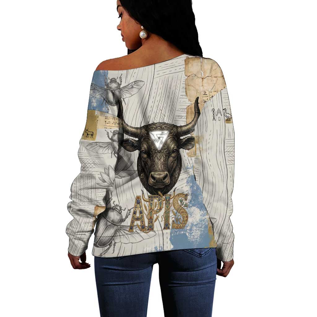Apis Ancient Egyptian Off Shoulder Sweater with Beige-Gray Hieroglyphic, Ornate Bull Head, and Gold-Blue Typography - Wonder Print Shop