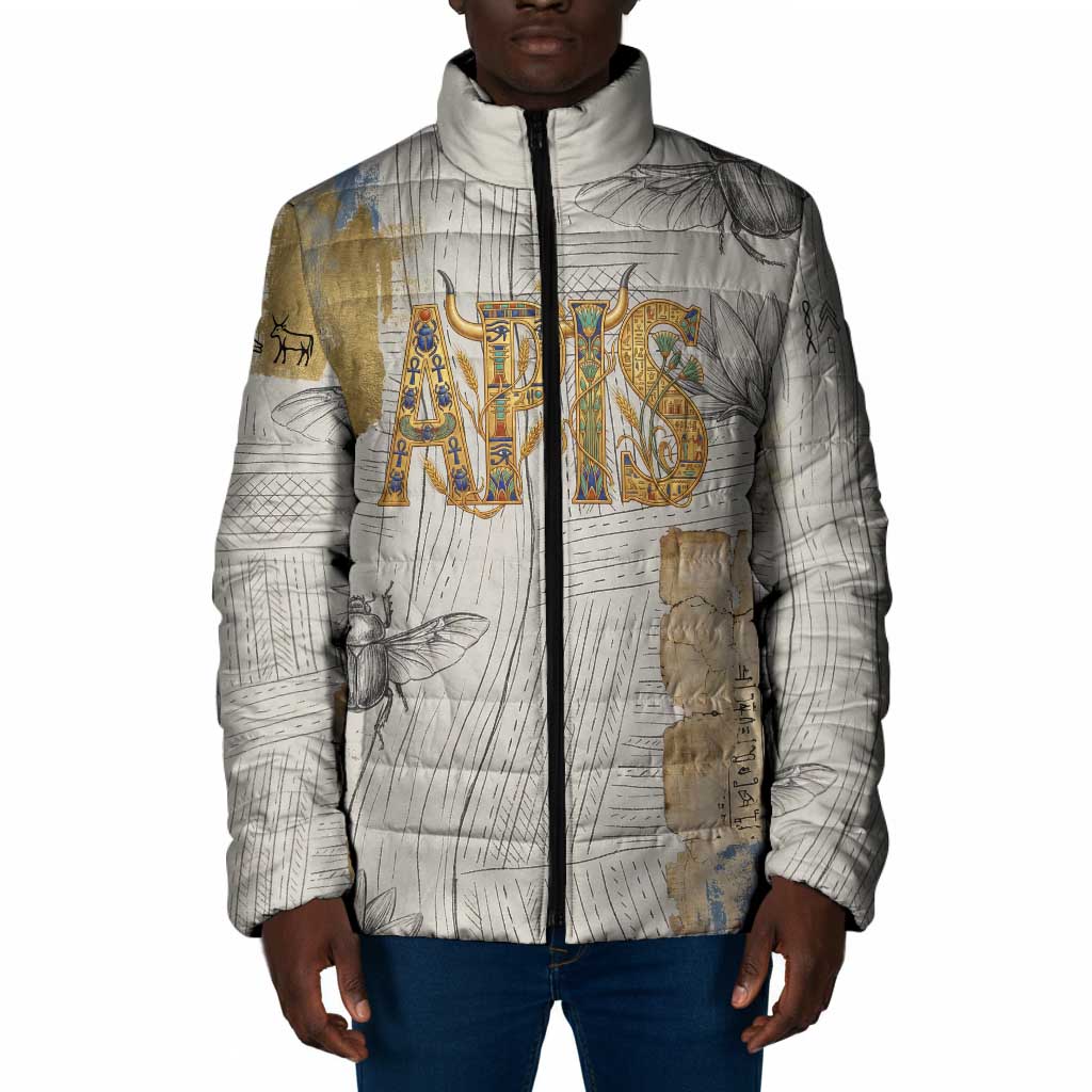 Apis Ancient Egyptian Padded Jacket with Beige-Gray Hieroglyphic, Ornate Bull Head, and Gold-Blue Typography - Wonder Print Shop