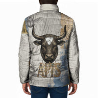 Apis Ancient Egyptian Padded Jacket with Beige-Gray Hieroglyphic, Ornate Bull Head, and Gold-Blue Typography - Wonder Print Shop