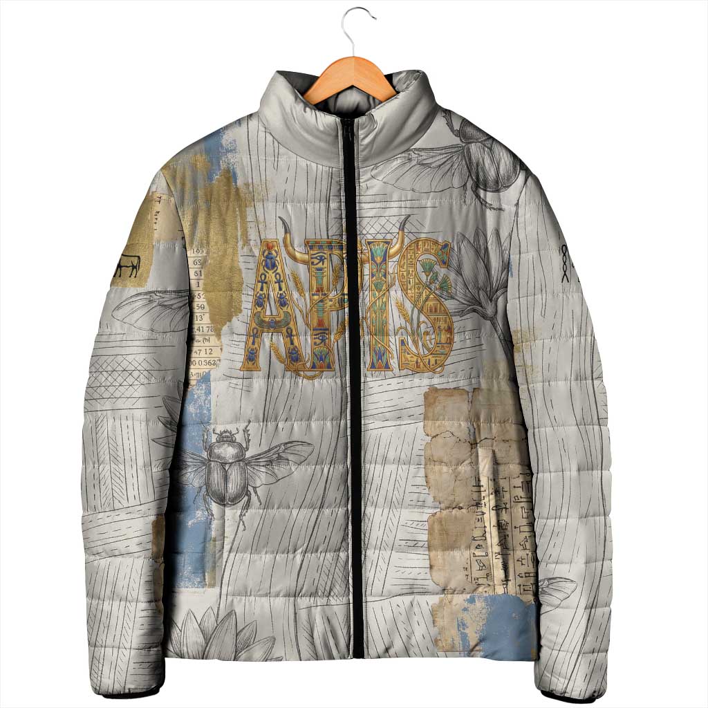 Apis Ancient Egyptian Padded Jacket with Beige-Gray Hieroglyphic, Ornate Bull Head, and Gold-Blue Typography - Wonder Print Shop