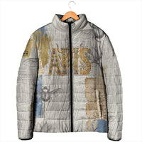 Apis Ancient Egyptian Padded Jacket with Beige-Gray Hieroglyphic, Ornate Bull Head, and Gold-Blue Typography - Wonder Print Shop