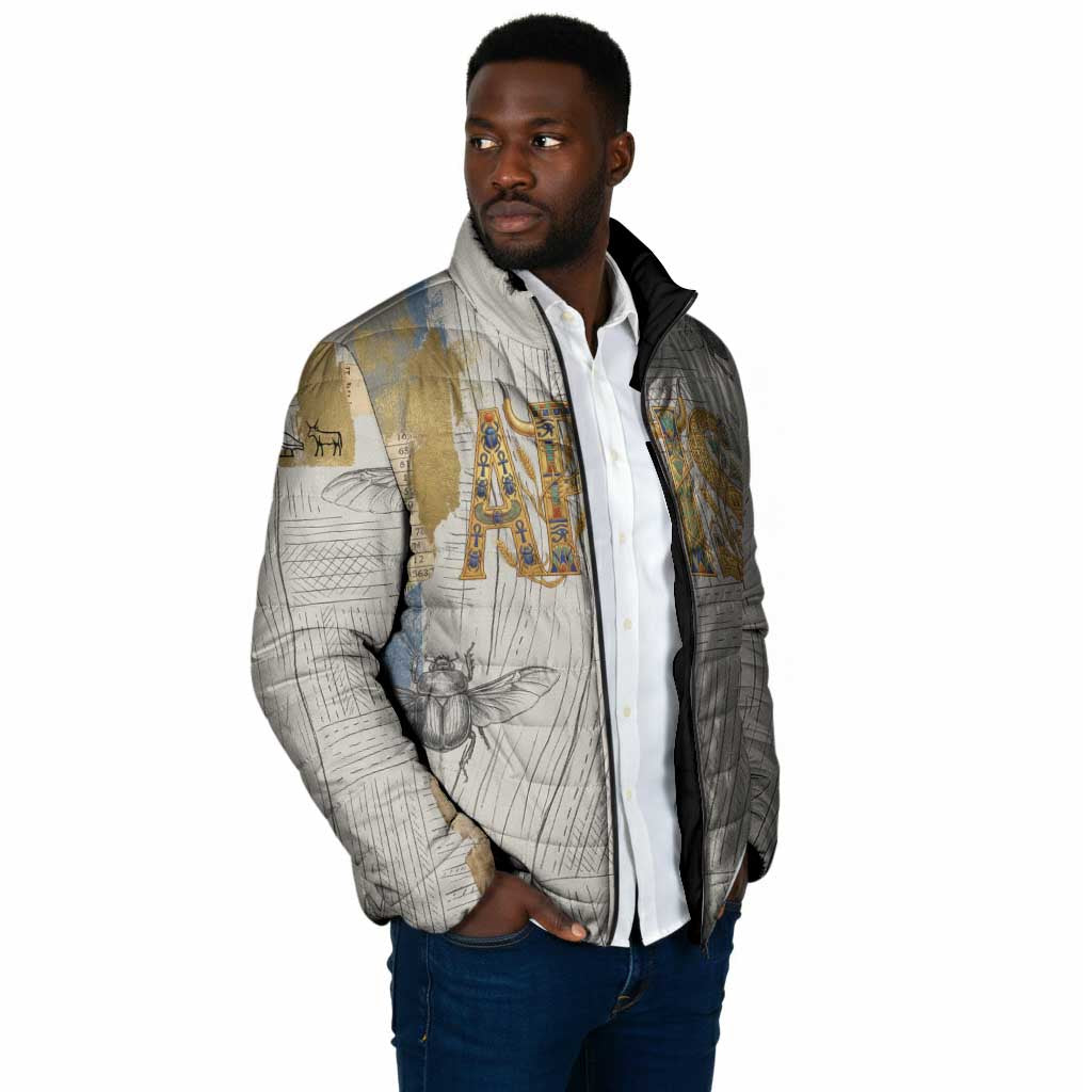 Apis Ancient Egyptian Padded Jacket with Beige-Gray Hieroglyphic, Ornate Bull Head, and Gold-Blue Typography - Wonder Print Shop