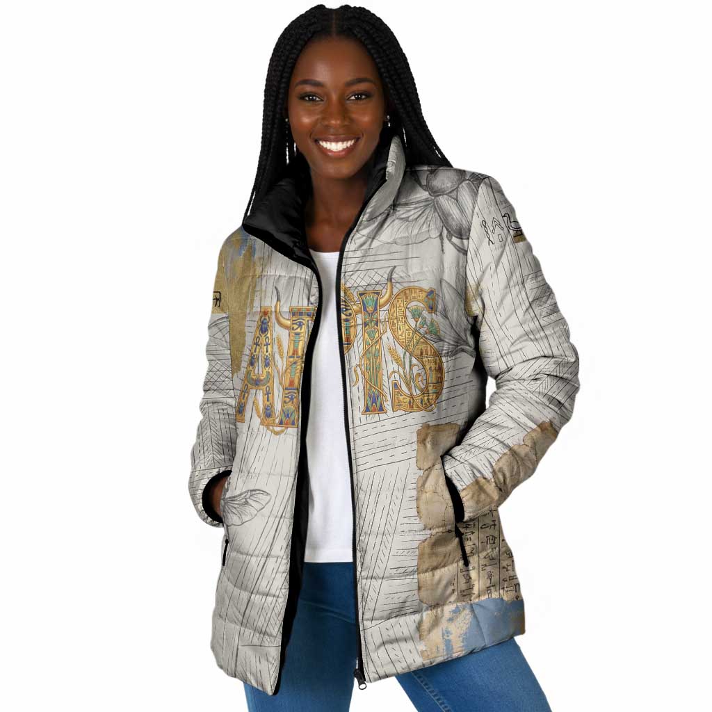Apis Ancient Egyptian Padded Jacket with Beige-Gray Hieroglyphic, Ornate Bull Head, and Gold-Blue Typography - Wonder Print Shop