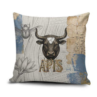 Apis Ancient Egyptian Pillow Cover with Beige-Gray Hieroglyphic, Ornate Bull Head, and Gold-Blue Typography - Wonder Print Shop
