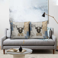Apis Ancient Egyptian Pillow Cover with Beige-Gray Hieroglyphic, Ornate Bull Head, and Gold-Blue Typography - Wonder Print Shop
