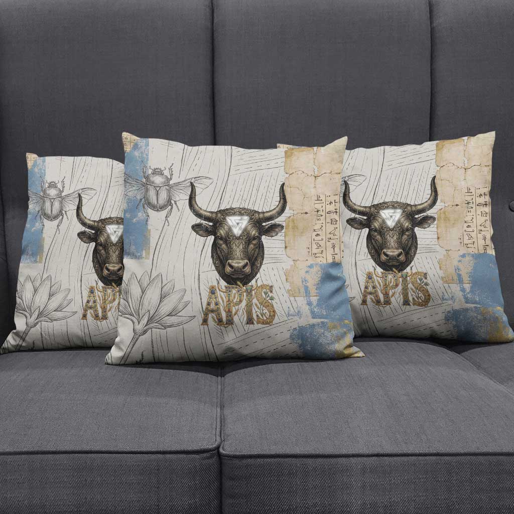 Apis Ancient Egyptian Pillow Cover with Beige-Gray Hieroglyphic, Ornate Bull Head, and Gold-Blue Typography - Wonder Print Shop