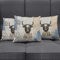 Apis Ancient Egyptian Pillow Cover with Beige-Gray Hieroglyphic, Ornate Bull Head, and Gold-Blue Typography - Wonder Print Shop