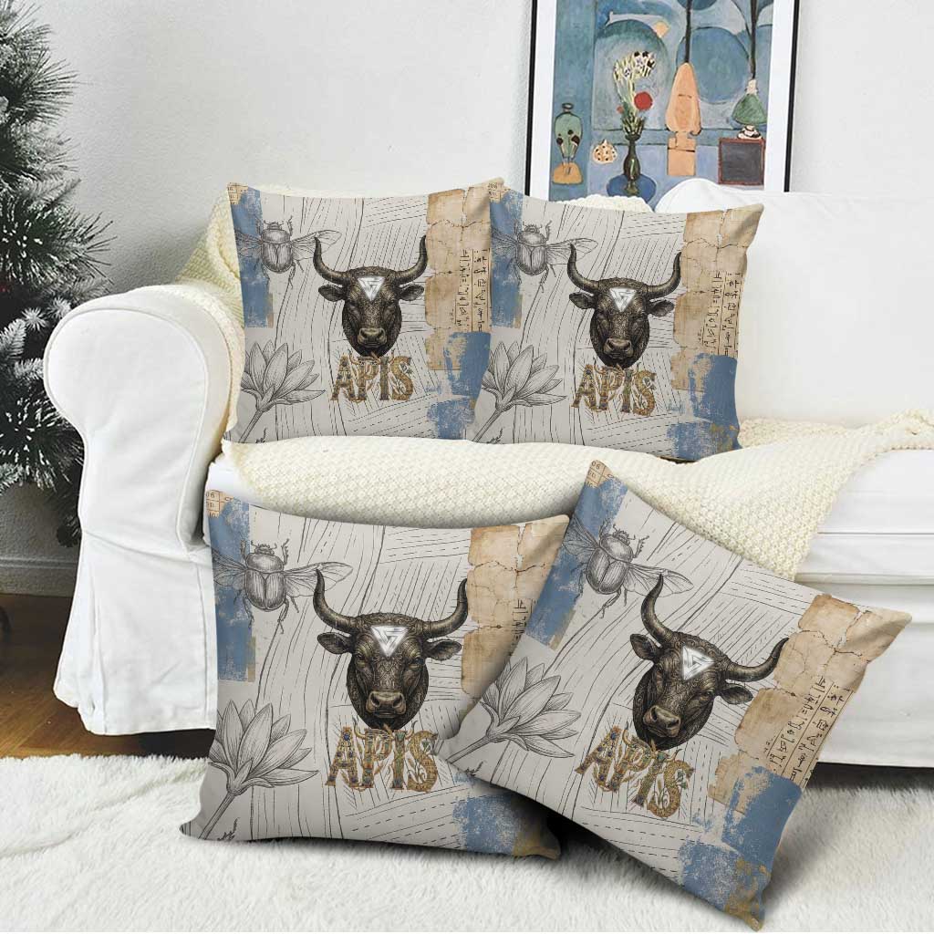 Apis Ancient Egyptian Pillow Cover with Beige-Gray Hieroglyphic, Ornate Bull Head, and Gold-Blue Typography - Wonder Print Shop