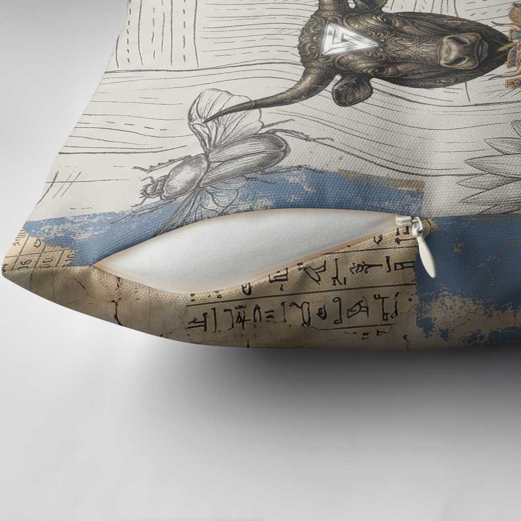 Apis Ancient Egyptian Pillow Cover with Beige-Gray Hieroglyphic, Ornate Bull Head, and Gold-Blue Typography - Wonder Print Shop