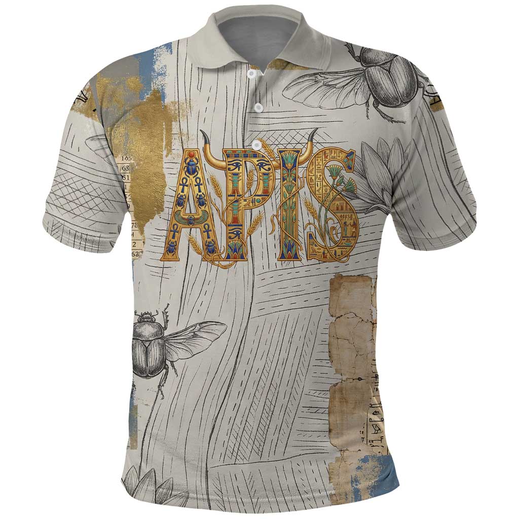 Apis Ancient Egyptian Polo Shirt with Beige-Gray Hieroglyphic, Ornate Bull Head, and Gold-Blue Typography - Wonder Print Shop