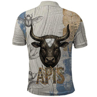 Apis Ancient Egyptian Polo Shirt with Beige-Gray Hieroglyphic, Ornate Bull Head, and Gold-Blue Typography - Wonder Print Shop