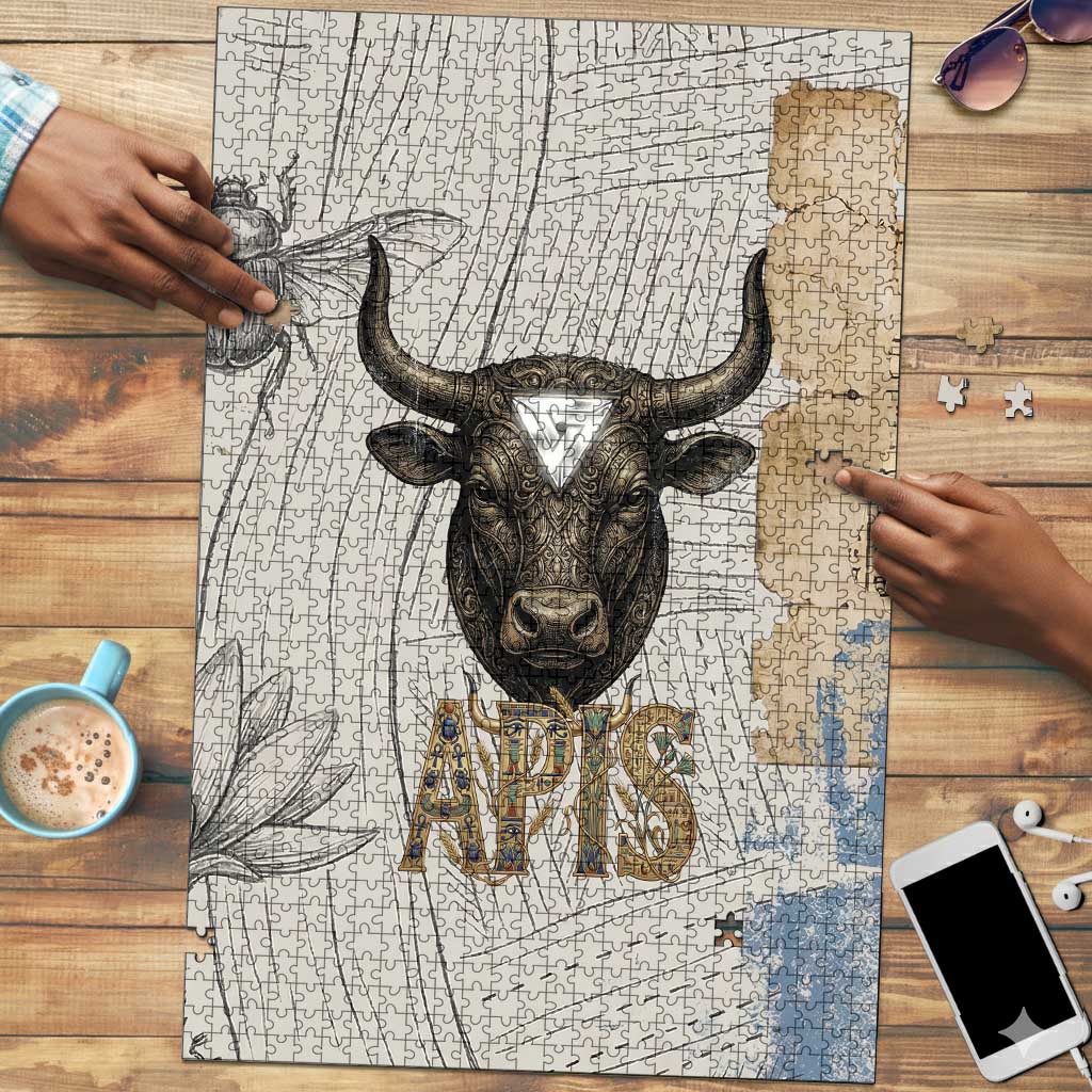 Apis Ancient Egyptian Puzzle with Beige-Gray Hieroglyphic, Ornate Bull Head, and Gold-Blue Typography - Wonder Print Shop