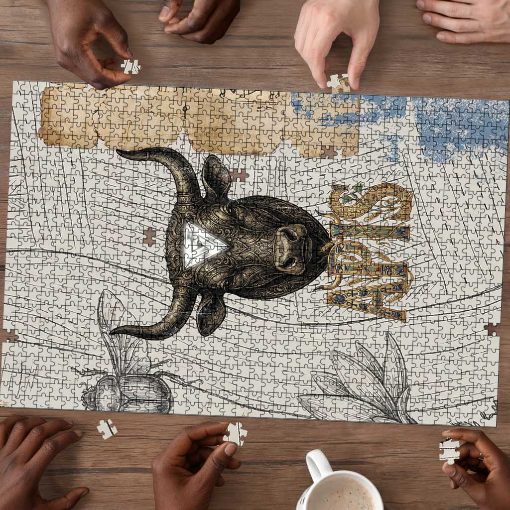 Apis Ancient Egyptian Puzzle with Beige-Gray Hieroglyphic, Ornate Bull Head, and Gold-Blue Typography - Wonder Print Shop