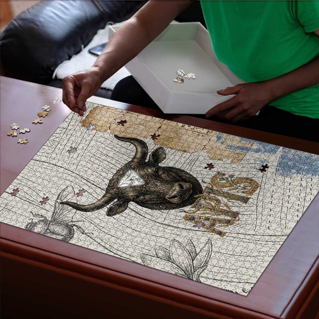 Apis Ancient Egyptian Puzzle with Beige-Gray Hieroglyphic, Ornate Bull Head, and Gold-Blue Typography - Wonder Print Shop