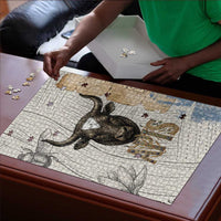Apis Ancient Egyptian Puzzle with Beige-Gray Hieroglyphic, Ornate Bull Head, and Gold-Blue Typography - Wonder Print Shop