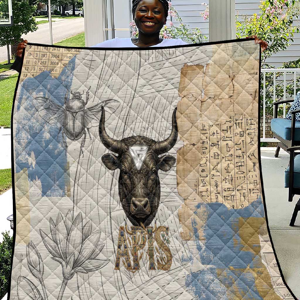 Apis Ancient Egyptian Quilt with Beige-Gray Hieroglyphic, Ornate Bull Head, and Gold-Blue Typography - Wonder Print Shop