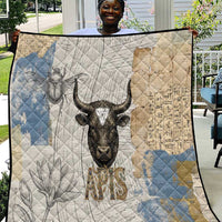 Apis Ancient Egyptian Quilt with Beige-Gray Hieroglyphic, Ornate Bull Head, and Gold-Blue Typography - Wonder Print Shop
