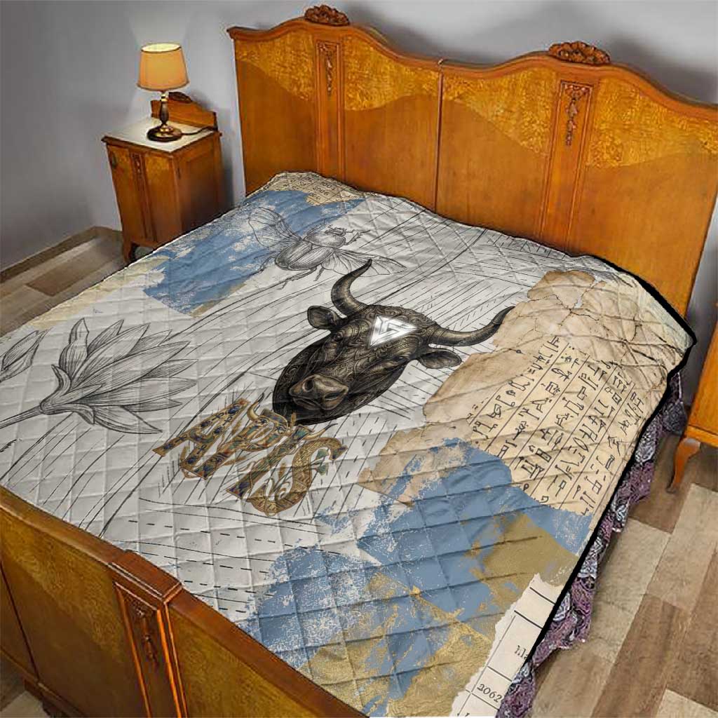 Apis Ancient Egyptian Quilt with Beige-Gray Hieroglyphic, Ornate Bull Head, and Gold-Blue Typography - Wonder Print Shop