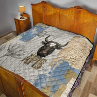 Apis Ancient Egyptian Quilt with Beige-Gray Hieroglyphic, Ornate Bull Head, and Gold-Blue Typography - Wonder Print Shop