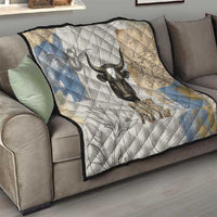 Apis Ancient Egyptian Quilt with Beige-Gray Hieroglyphic, Ornate Bull Head, and Gold-Blue Typography - Wonder Print Shop