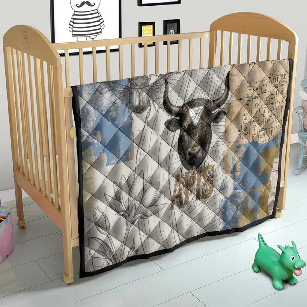 Apis Ancient Egyptian Quilt with Beige-Gray Hieroglyphic, Ornate Bull Head, and Gold-Blue Typography - Wonder Print Shop