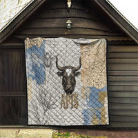 Apis Ancient Egyptian Quilt with Beige-Gray Hieroglyphic, Ornate Bull Head, and Gold-Blue Typography - Wonder Print Shop