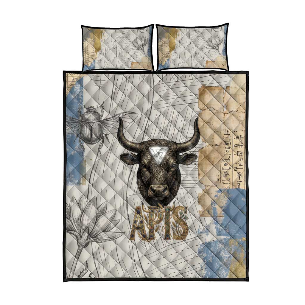 Apis Ancient Egyptian Quilt Bed Set with Beige-Gray Hieroglyphic, Ornate Bull Head, and Gold-Blue Typography - Wonder Print Shop