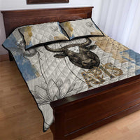 Apis Ancient Egyptian Quilt Bed Set with Beige-Gray Hieroglyphic, Ornate Bull Head, and Gold-Blue Typography - Wonder Print Shop