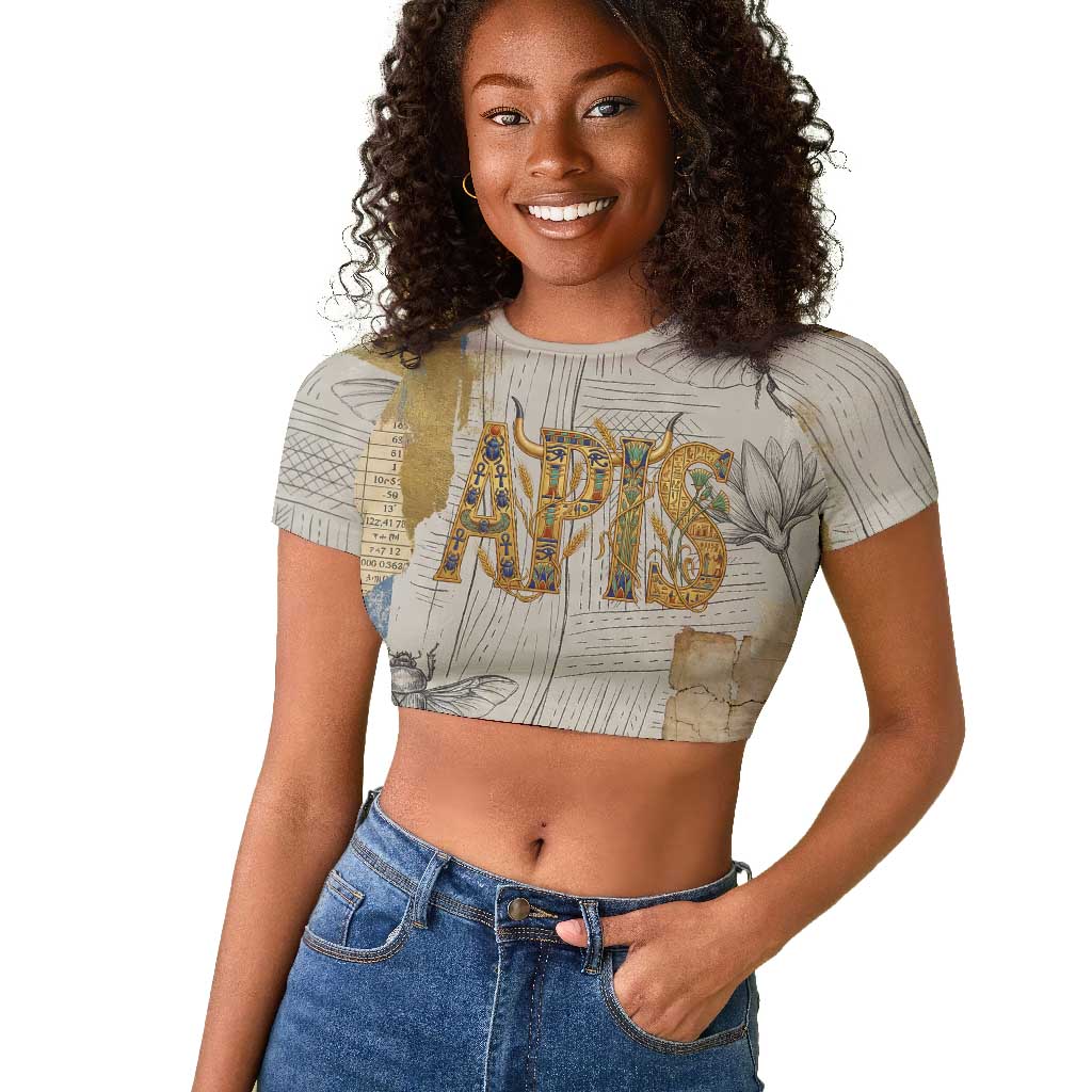 Apis Ancient Egyptian Raglan Cropped T shirt with Beige-Gray Hieroglyphic, Ornate Bull Head, and Gold-Blue Typography - Wonder Print Shop