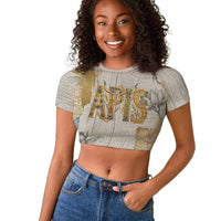 Apis Ancient Egyptian Raglan Cropped T shirt with Beige-Gray Hieroglyphic, Ornate Bull Head, and Gold-Blue Typography - Wonder Print Shop