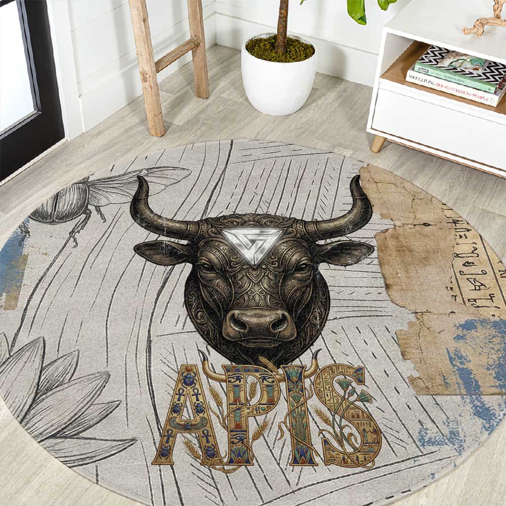 Apis Ancient Egyptian Round Carpet with Beige-Gray Hieroglyphic, Ornate Bull Head, and Gold-Blue Typography - Wonder Print Shop