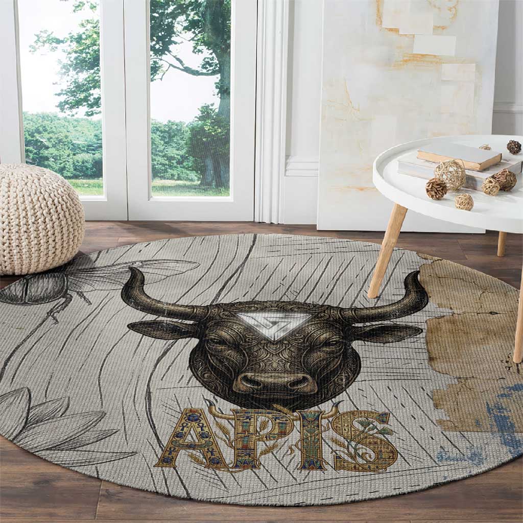 Apis Ancient Egyptian Round Carpet with Beige-Gray Hieroglyphic, Ornate Bull Head, and Gold-Blue Typography - Wonder Print Shop
