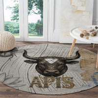 Apis Ancient Egyptian Round Carpet with Beige-Gray Hieroglyphic, Ornate Bull Head, and Gold-Blue Typography - Wonder Print Shop
