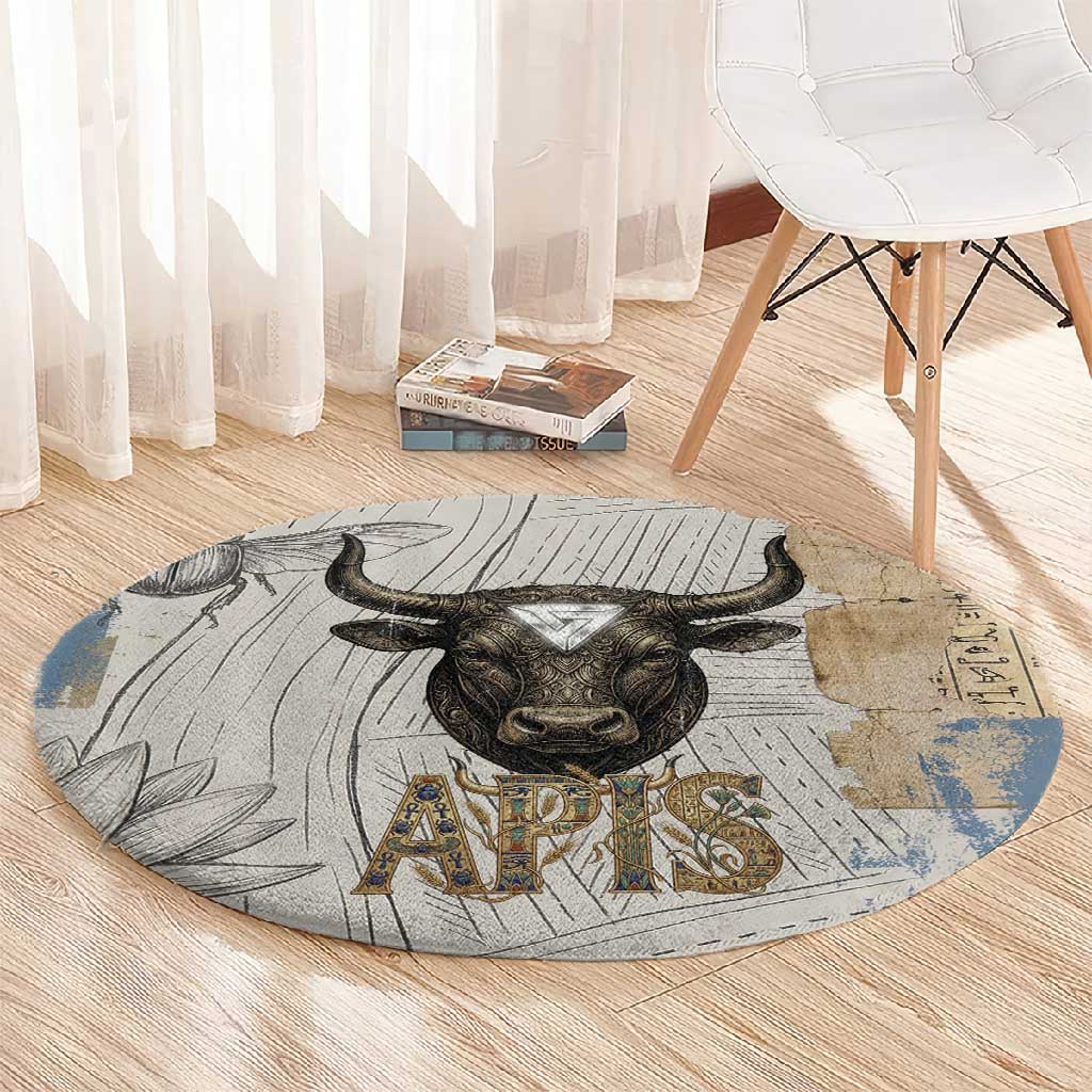 Apis Ancient Egyptian Round Carpet with Beige-Gray Hieroglyphic, Ornate Bull Head, and Gold-Blue Typography - Wonder Print Shop