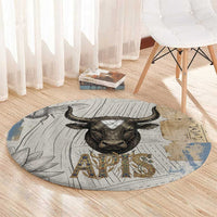 Apis Ancient Egyptian Round Carpet with Beige-Gray Hieroglyphic, Ornate Bull Head, and Gold-Blue Typography - Wonder Print Shop