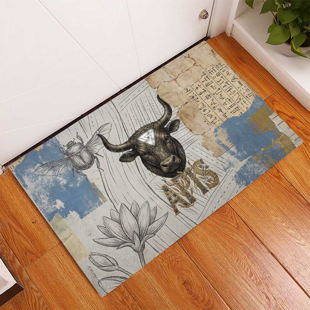 Apis Ancient Egyptian Rubber Doormat with Beige-Gray Hieroglyphic, Ornate Bull Head, and Gold-Blue Typography - Wonder Print Shop