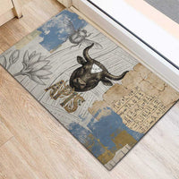 Apis Ancient Egyptian Rubber Doormat with Beige-Gray Hieroglyphic, Ornate Bull Head, and Gold-Blue Typography - Wonder Print Shop