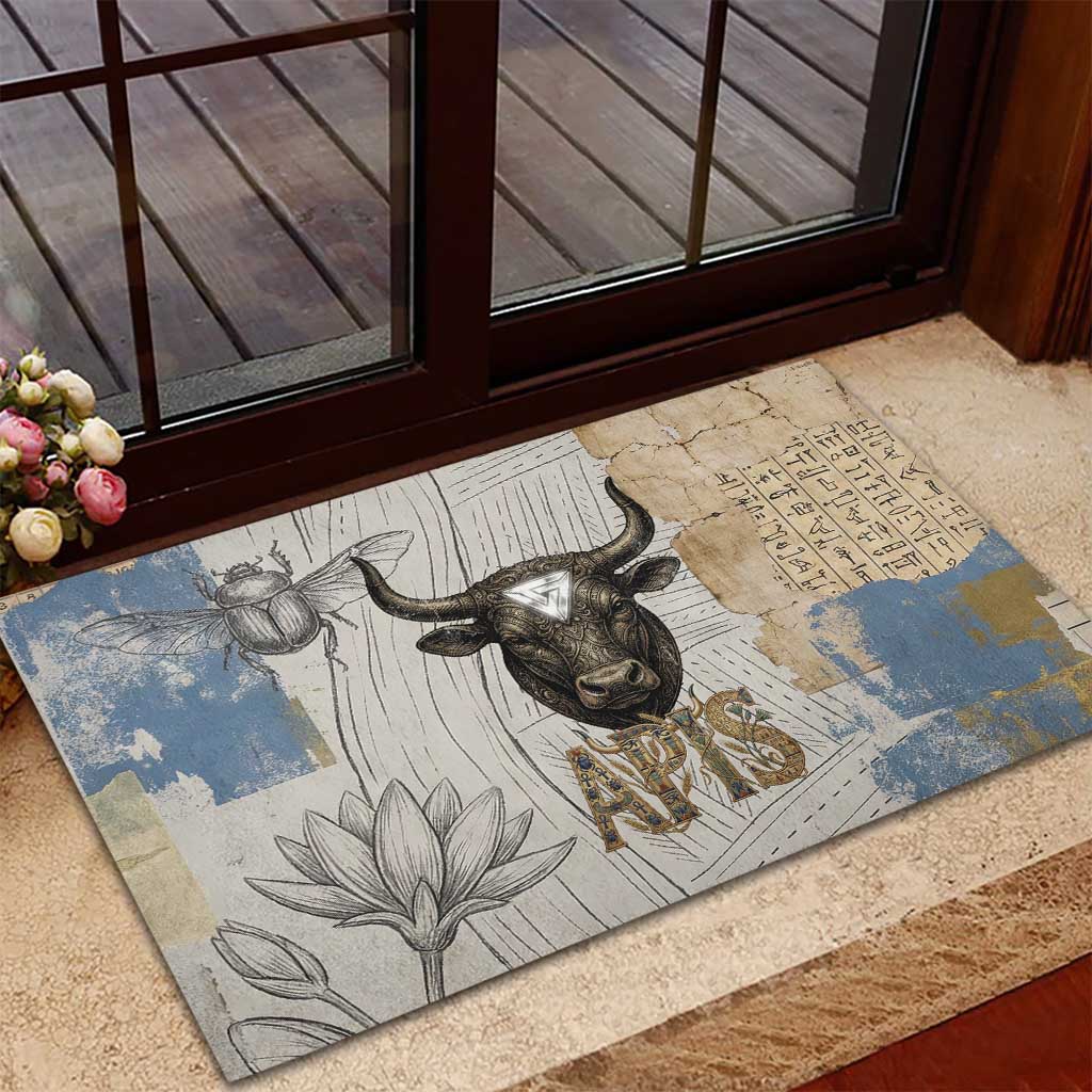Apis Ancient Egyptian Rubber Doormat with Beige-Gray Hieroglyphic, Ornate Bull Head, and Gold-Blue Typography - Wonder Print Shop