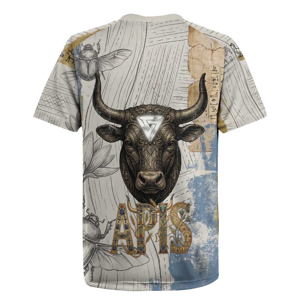Apis Ancient Egyptian Rugby Jersey with Beige-Gray Hieroglyphic, Ornate Bull Head, and Gold-Blue Typography - Wonder Print Shop