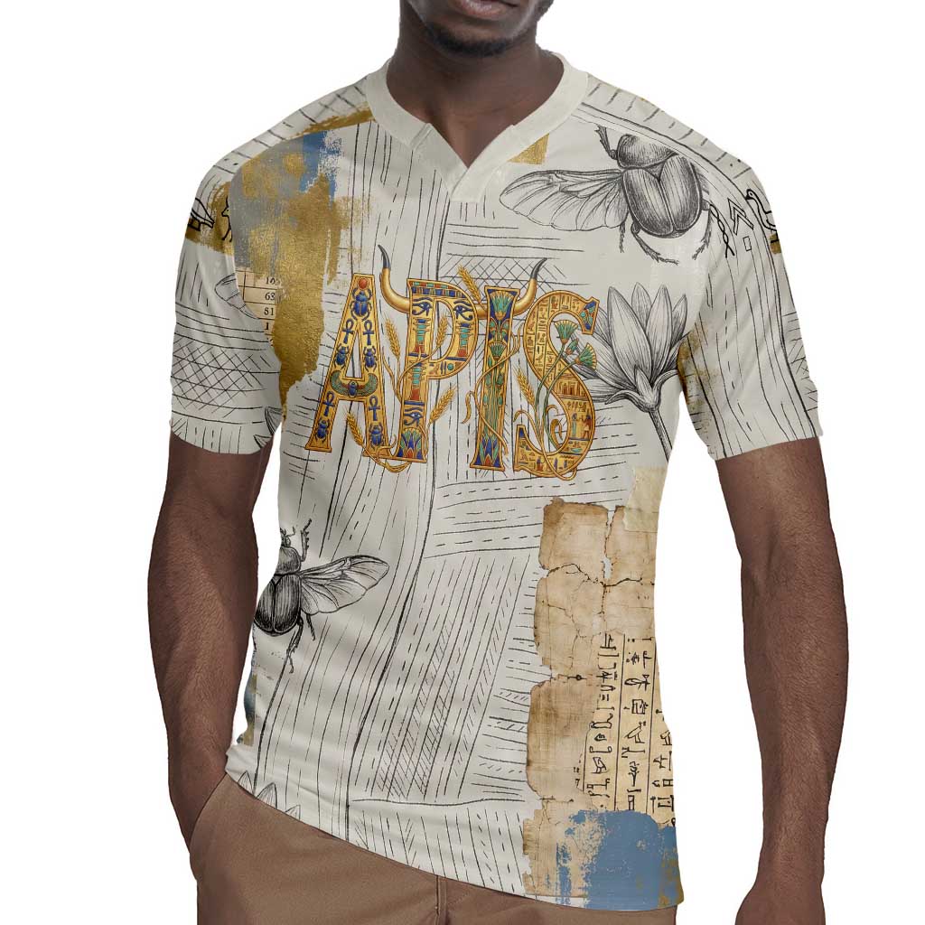 Apis Ancient Egyptian Rugby Jersey with Beige-Gray Hieroglyphic, Ornate Bull Head, and Gold-Blue Typography - Wonder Print Shop