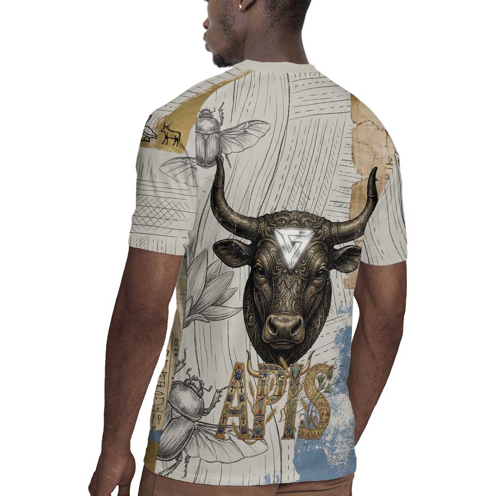 Apis Ancient Egyptian Rugby Jersey with Beige-Gray Hieroglyphic, Ornate Bull Head, and Gold-Blue Typography - Wonder Print Shop