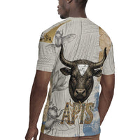 Apis Ancient Egyptian Rugby Jersey with Beige-Gray Hieroglyphic, Ornate Bull Head, and Gold-Blue Typography - Wonder Print Shop